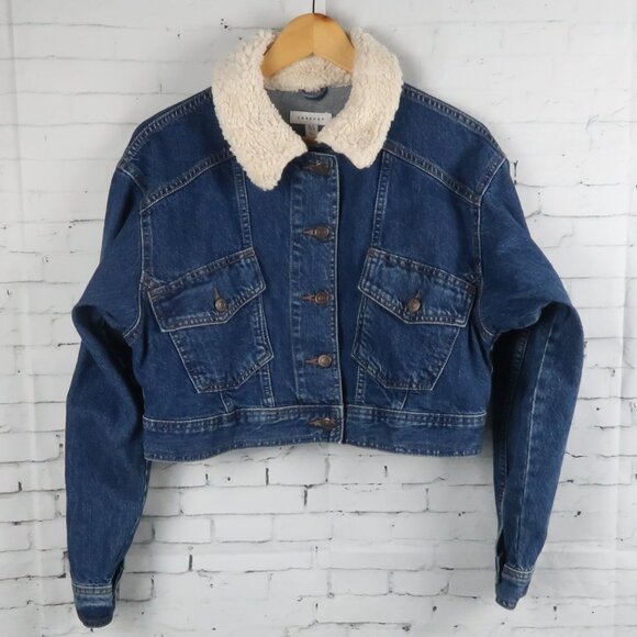 TOPSHOP BLUE DENIM CROPPED JEAN JACKET WITH SHERPA COLLAR SIZE 8 NWOT - Picture 2 of 7